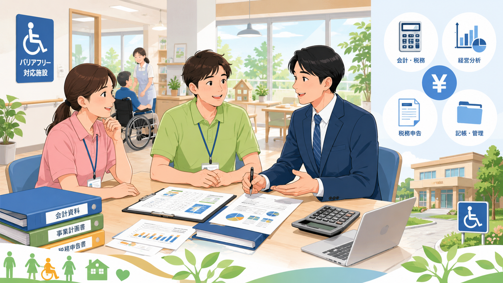障がい福祉事業者と税理士が会計や経営について相談しているイメージ